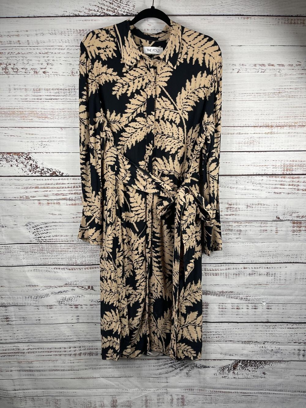 The Fold London Shirt Dress Women's 14 BLK Beige Leaf Print Belted Midi Pockets